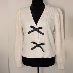 Major Label Bow-Front Short Knit Cardigan Sweater Size m Cream New Puff Sleeve